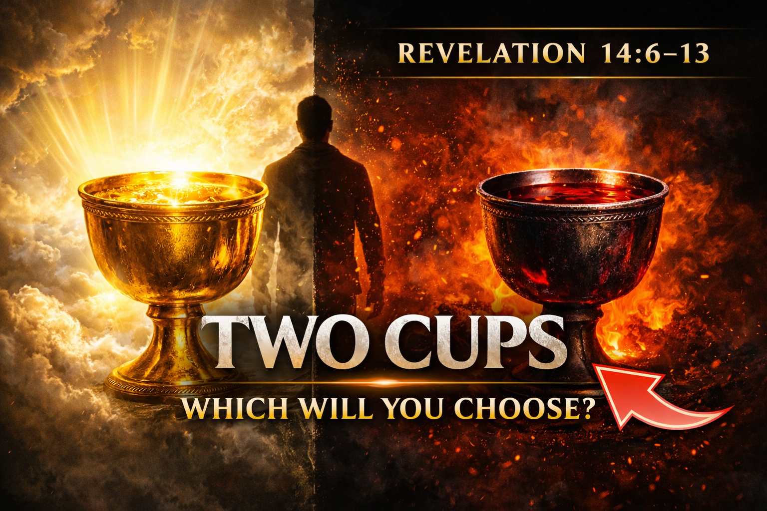 Bible study on Revelation 14:6-13 showing two cups representing grace and God’s wrath, highlighting the choice between salvation and judgment