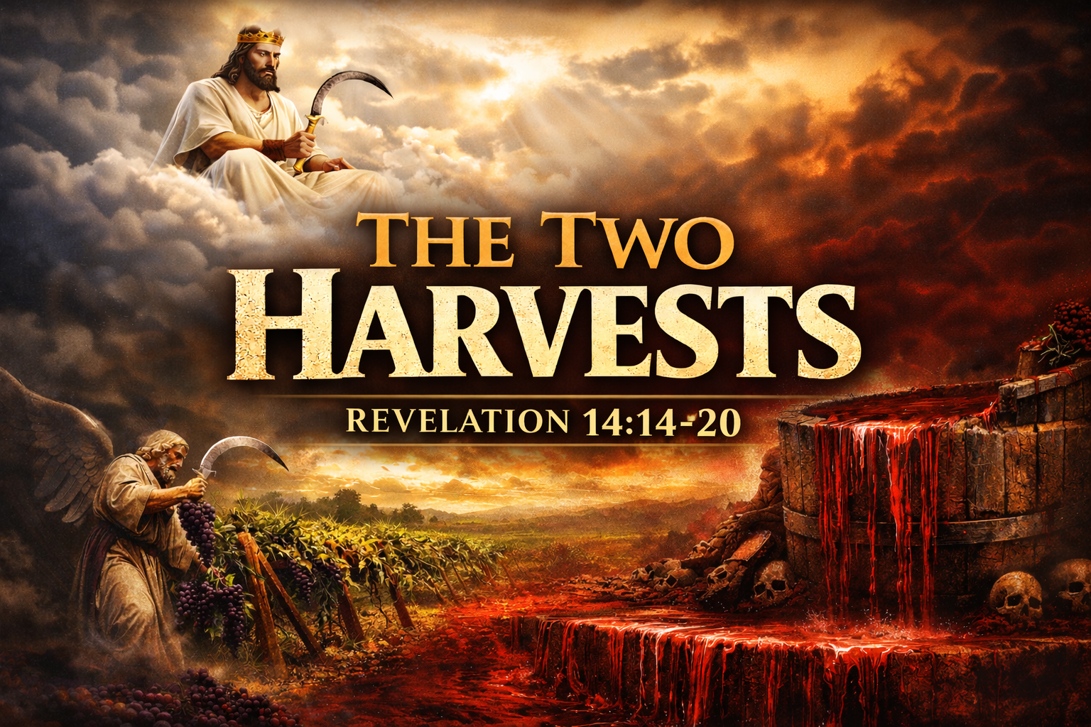 Revelation 14:14–20 thumbnail showing Jesus on a cloud with a sickle and the winepress of God’s wrath, illustrating the two harvests of salvation and judgment