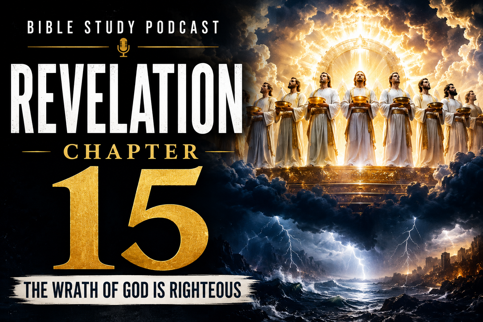 Dramatic Revelation 15 Bible study podcast thumbnail showing seven angels with bowls of God’s wrath standing in heaven above a storm-filled earth