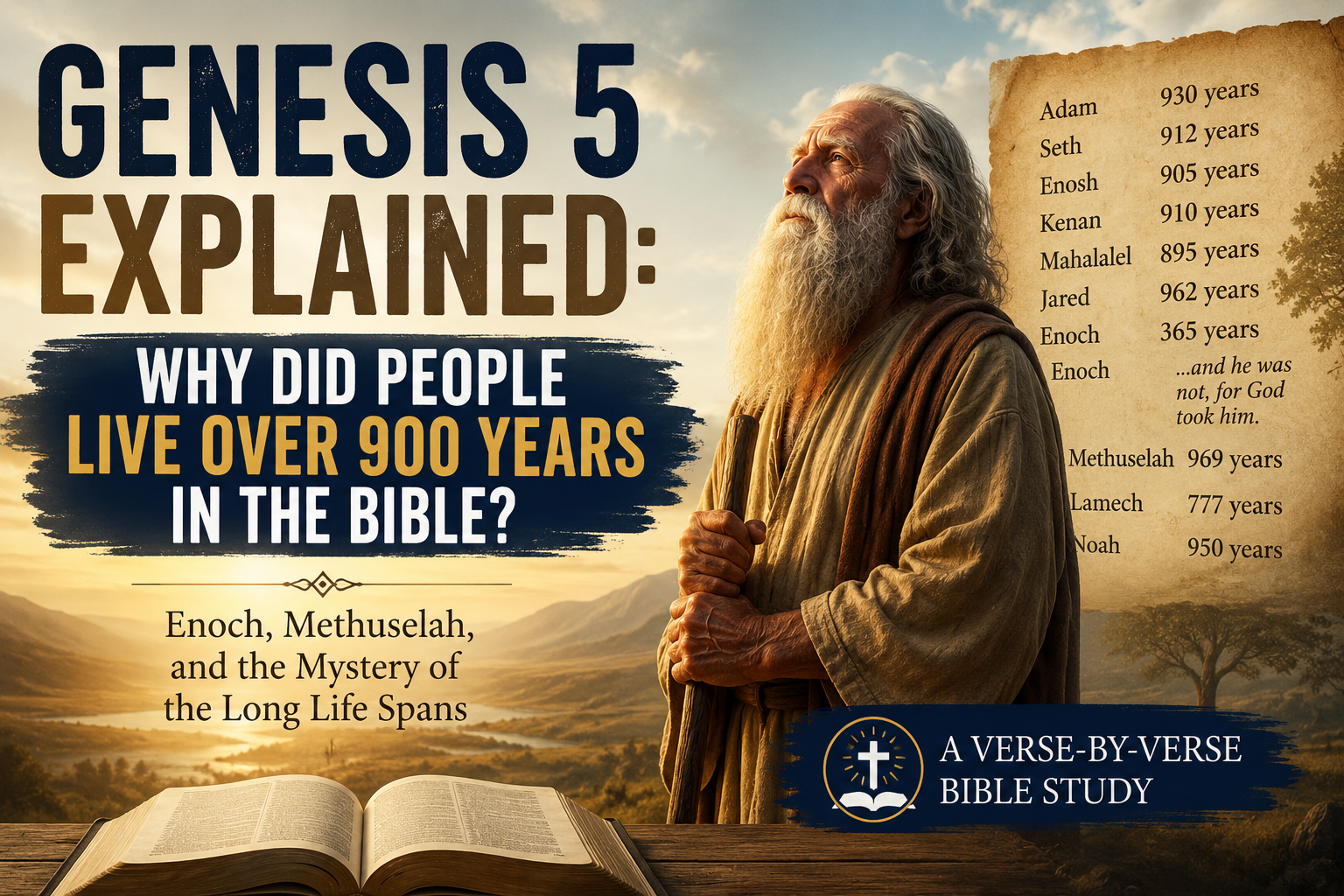 Genesis 5 Bible study illustration featuring Enoch and Methuselah, exploring the mystery of the long life spans recorded in the Bible and whether people really lived over 900 years.
