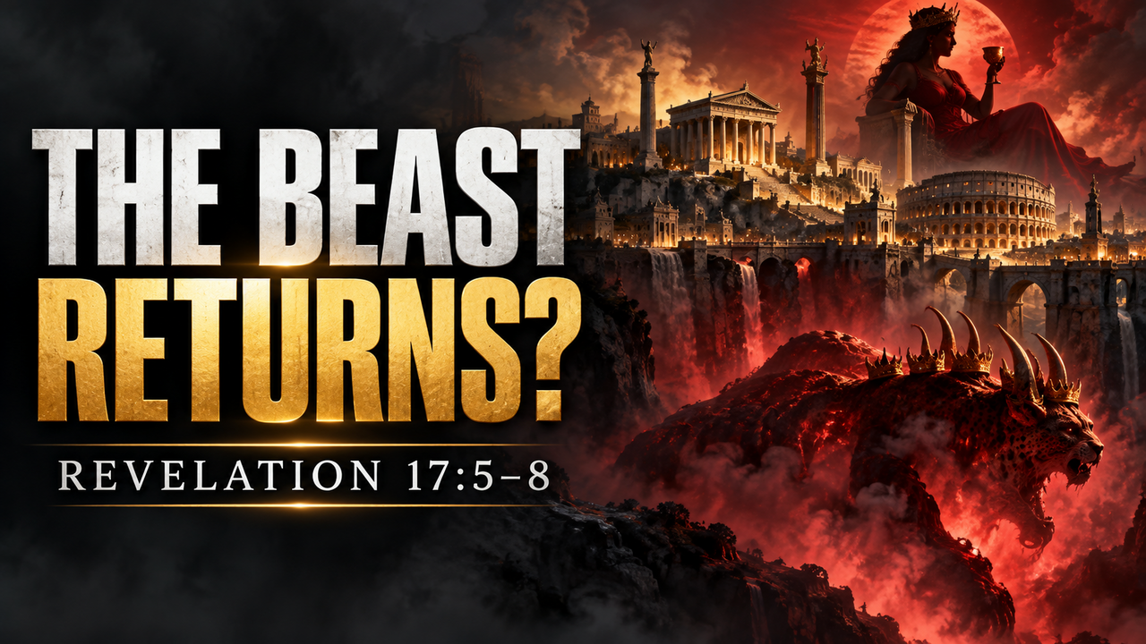 The Beast Returns? Revelation 17:5–8, depicting a scarlet beast rising beneath the ancient cities of Babylon and Rome.