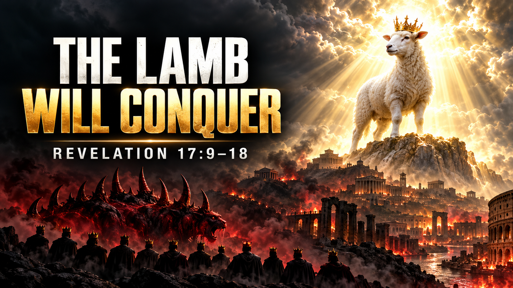 Crowned Lamb above a burning ancient city as a horned beast and ten kings gather below—Revelation 17:9–18.